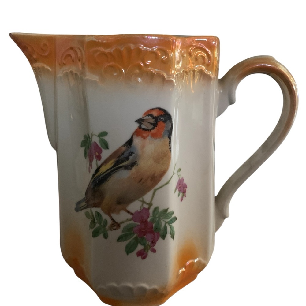 Vintage German‎ Porcelain Pitcher 6 3/4” Features Golden Finch And Butterfly